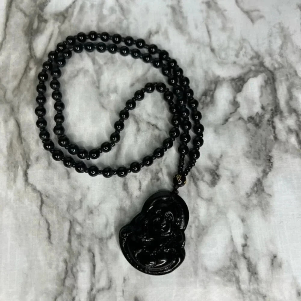 Black Beaded Necklace with Buddha Pendant - Women Jewelry